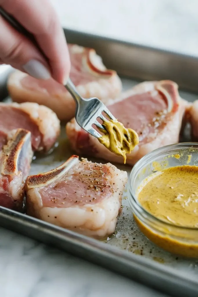 coating pork chops with dijon mustard using silver fork