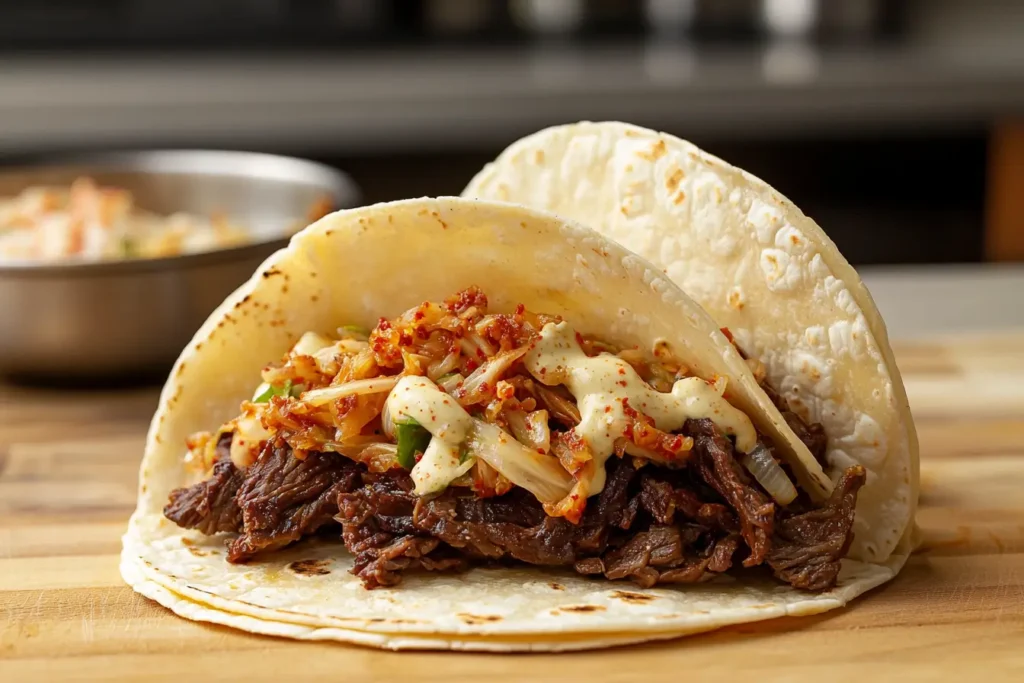 Fully assembled Korean BBQ taco with slaw and crema