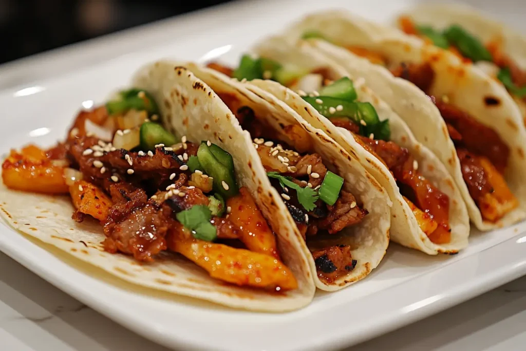 Korean BBQ Tacos served on a white plate