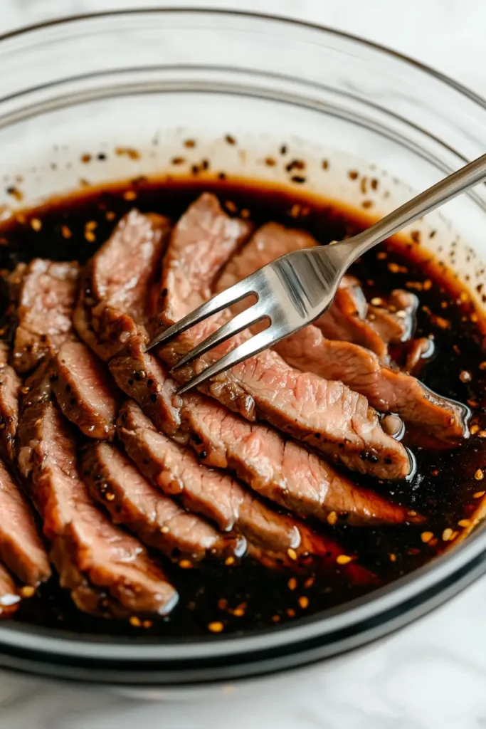 Beef marinating for Korean BBQ tacos in glass bowl