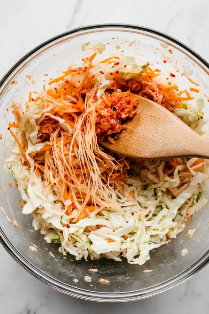 Mixing kimchi slaw for Korean BBQ tacos