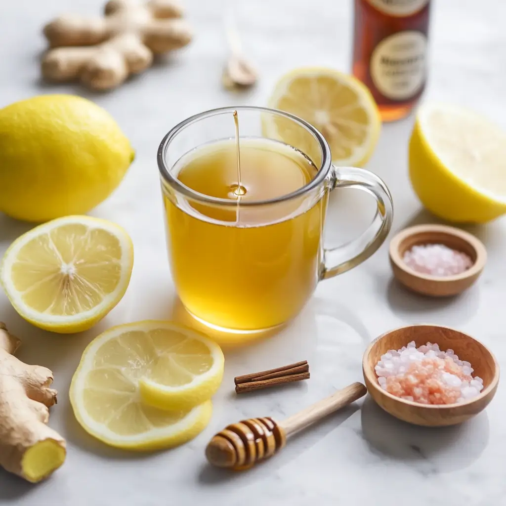 Natural Mounjaro recipe for weight loss ingredients including lemon, ginger, ACV, and pink salt