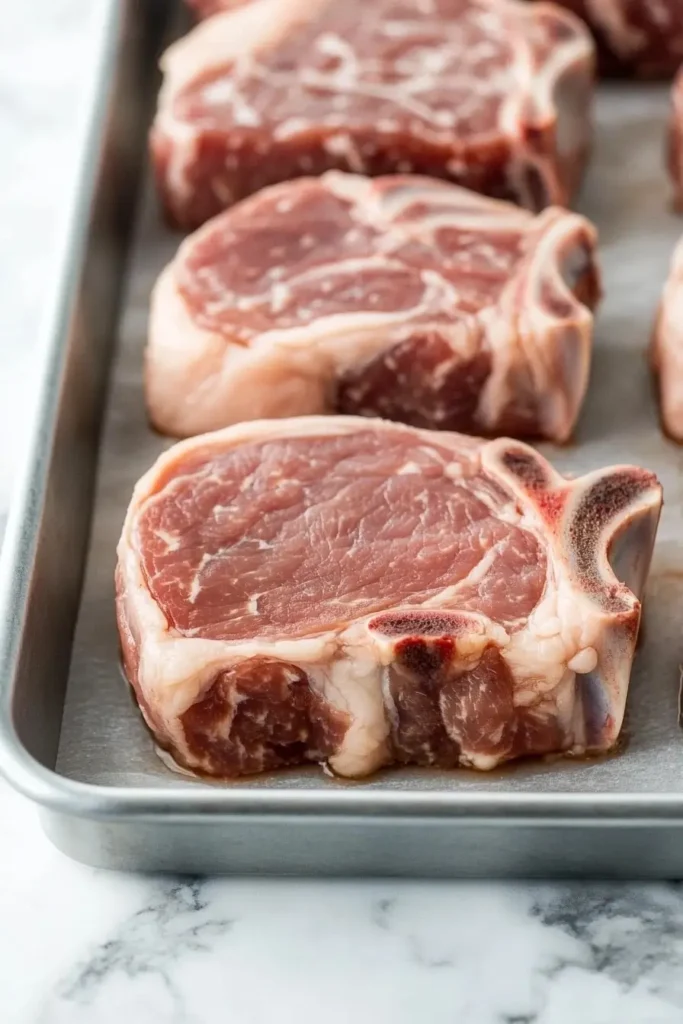raw thick-cut pork chops in a metal tray on white marble