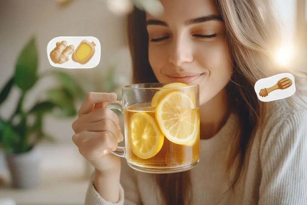 Woman drinking the natural Mounjaro recipe for weight loss with lemon and ginger
