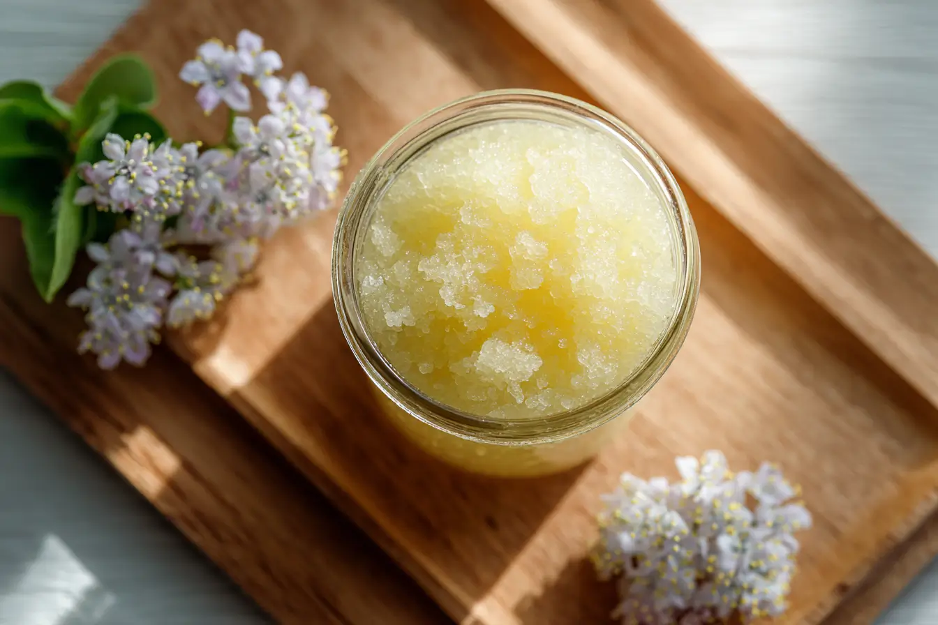 Homemade sugar scrub in a jar with ingredients like sugar and oil on a wooden surface.