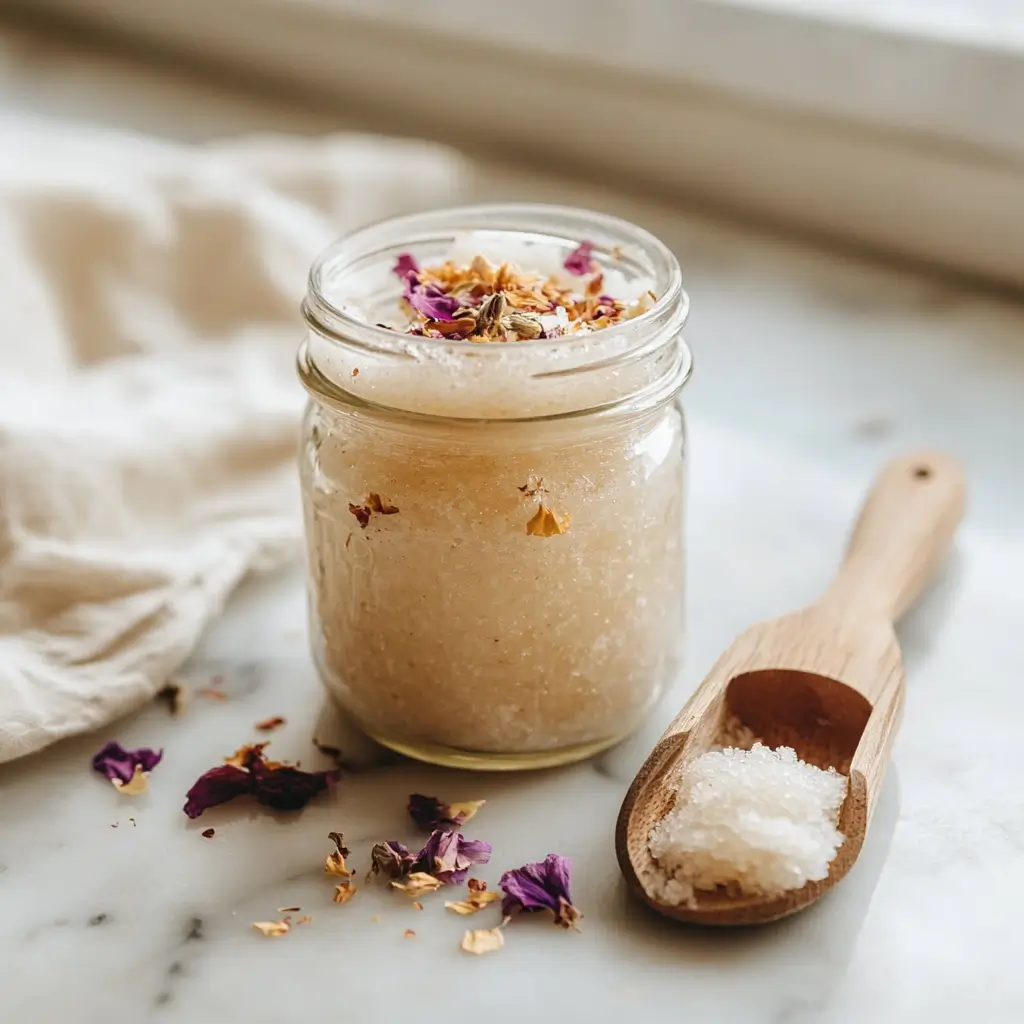Homemade sugar scrub in a mason jar with a wooden scoop and dried flower petals.