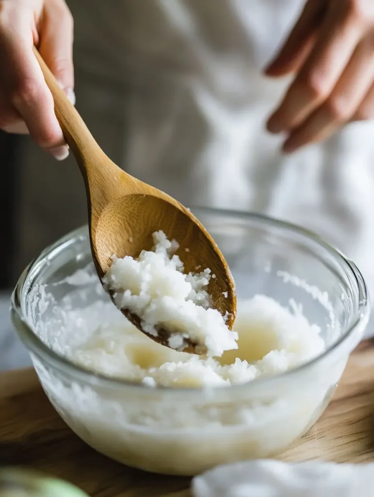 Mixing sugar and coconut oil in a glass bowl with a wooden spoon.