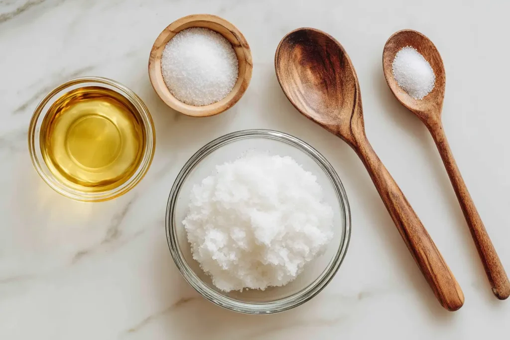Ingredients for homemade sugar scrub, including coconut oil and sugar, on a kitchen counter.