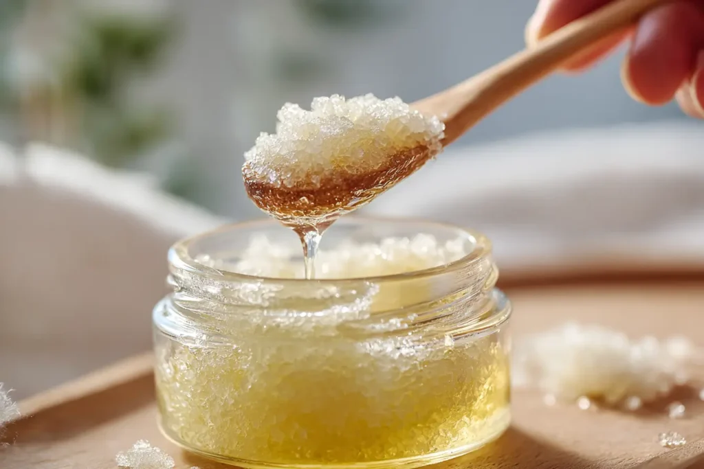 Close up of hand scooping sugar scrub from a jar, showing texture.