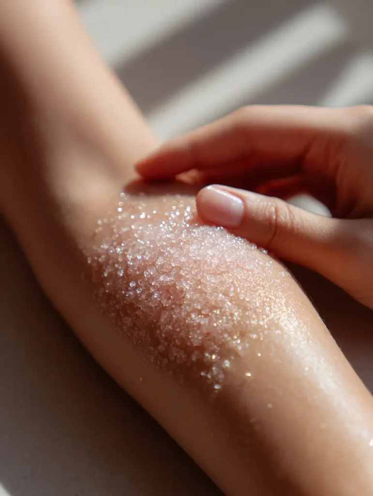 Applying homemade sugar scrub to the skin.