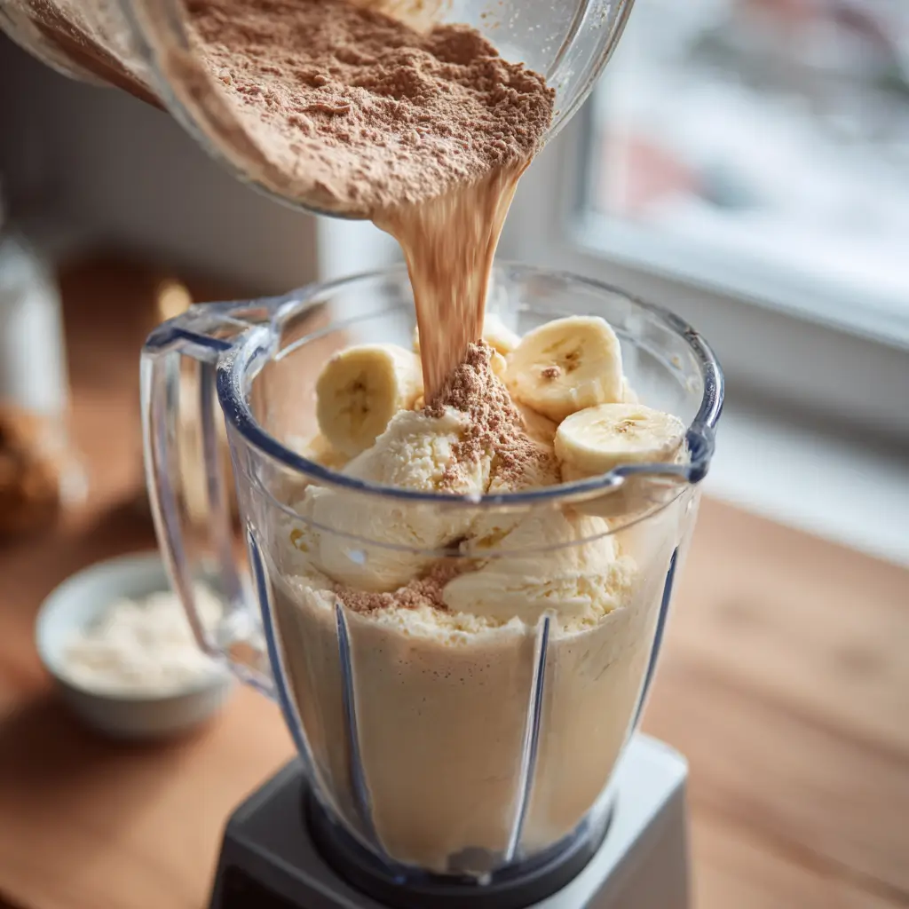 adding protein powder and banana to blender for homemade protein ice cream