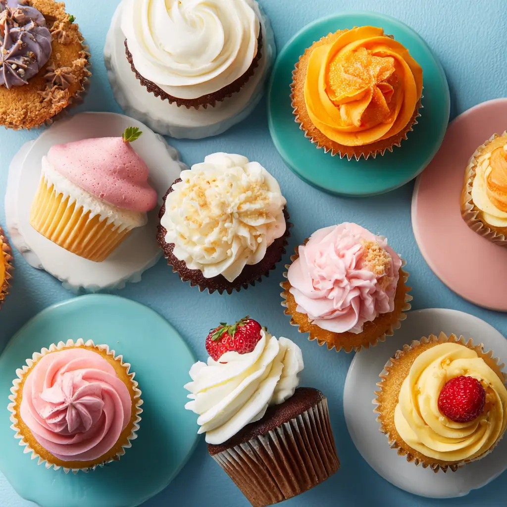 Variety of beautifully decorated cupcakes with colorful frosting on pastel plates – festive dessert display
