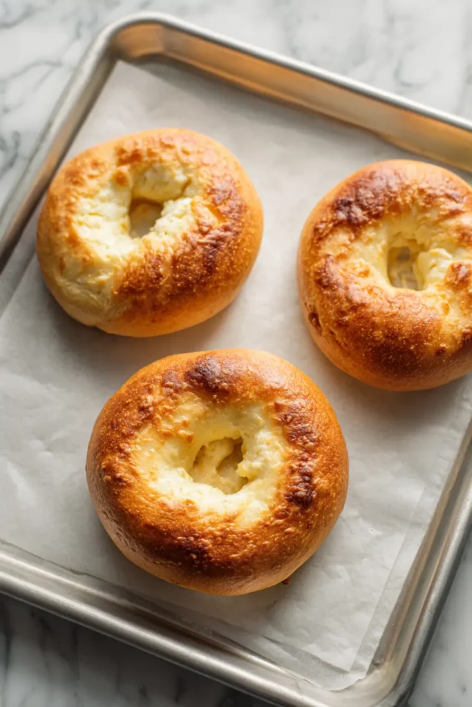 Golden-brown, freshly baked **plant-based cottage cheese bagels** cooling on a metal baking tray