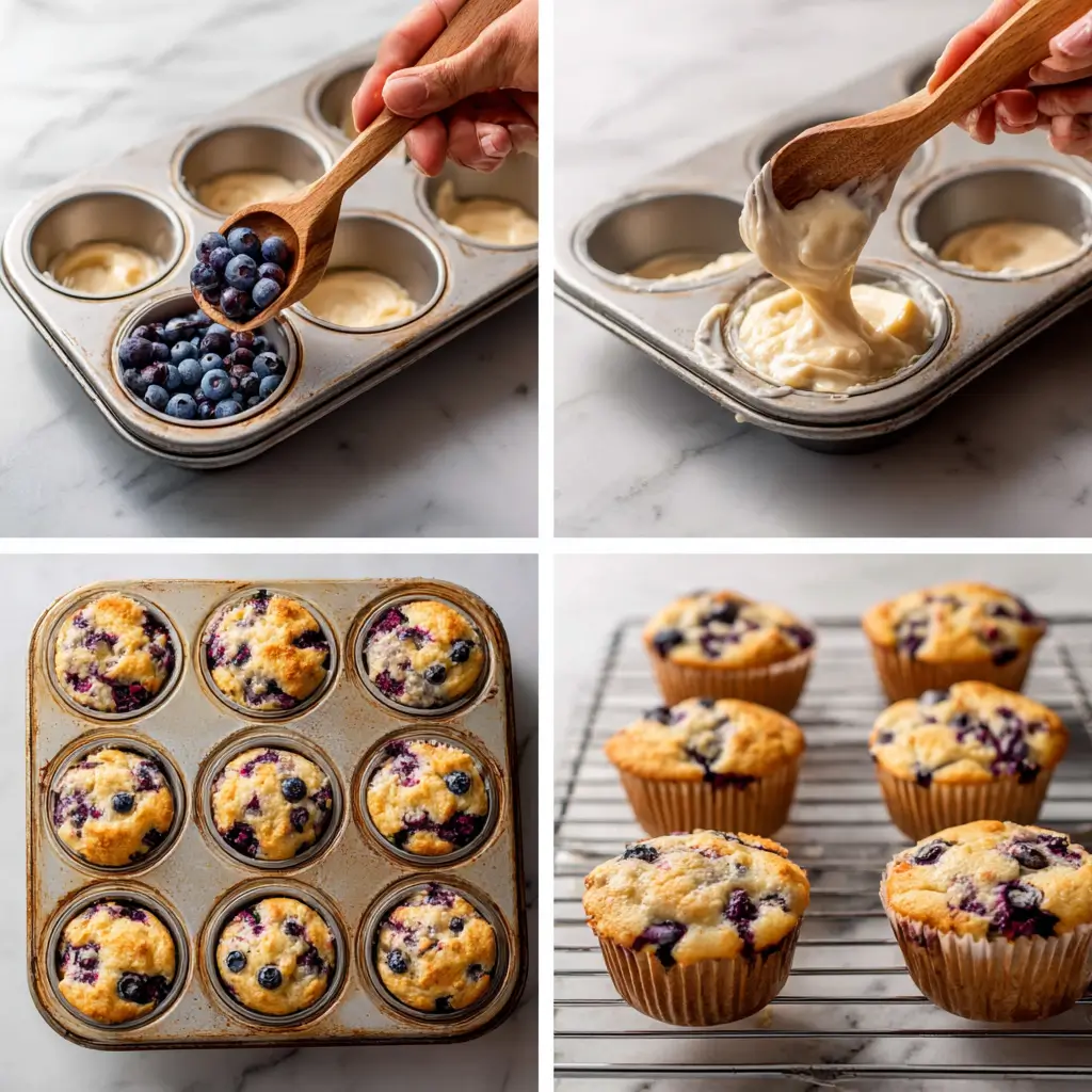 Step-by-step process of baking blueberry protein muffins from batter to cooling on a wire rack