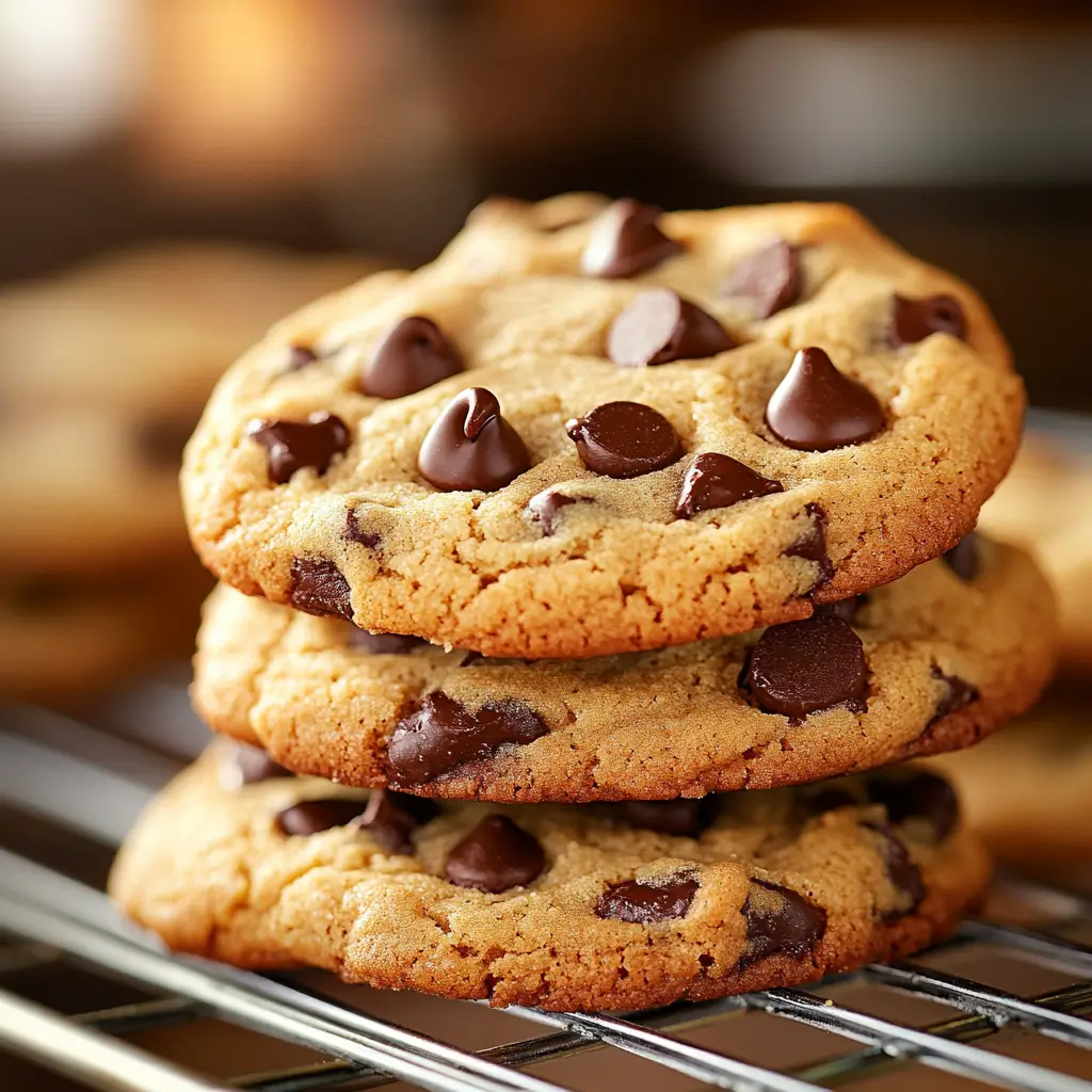 Freshly baked chocolate chip cookies stacked on a cooling rack, showcasing melted chocolate and golden-brown edges, ideal for easy sweet treat recipes.