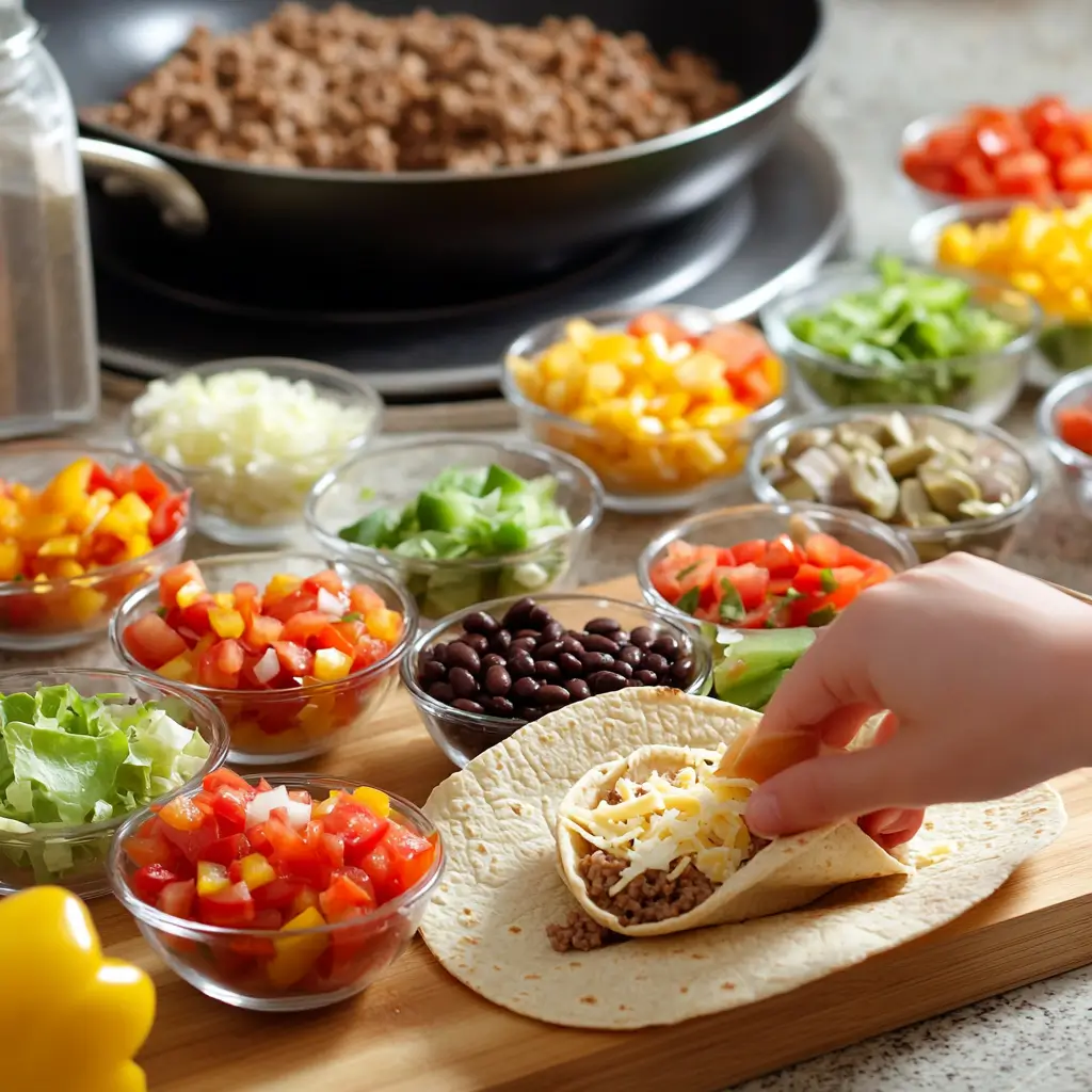 A child's hand adding cheese to a taco shell on a wooden board, surrounded by bowls of colorful taco fillings like ground meat, beans, diced peppers, tomatoes, and lettuce.
