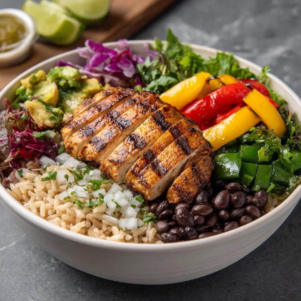 chipotle-style healthy fast food bowl with grilled chicken, black beans, brown rice, and fajita veggies
