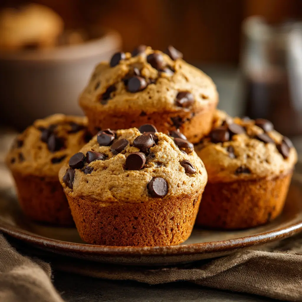 Chocolate chip protein muffins stacked on a ceramic plate with warm lighting