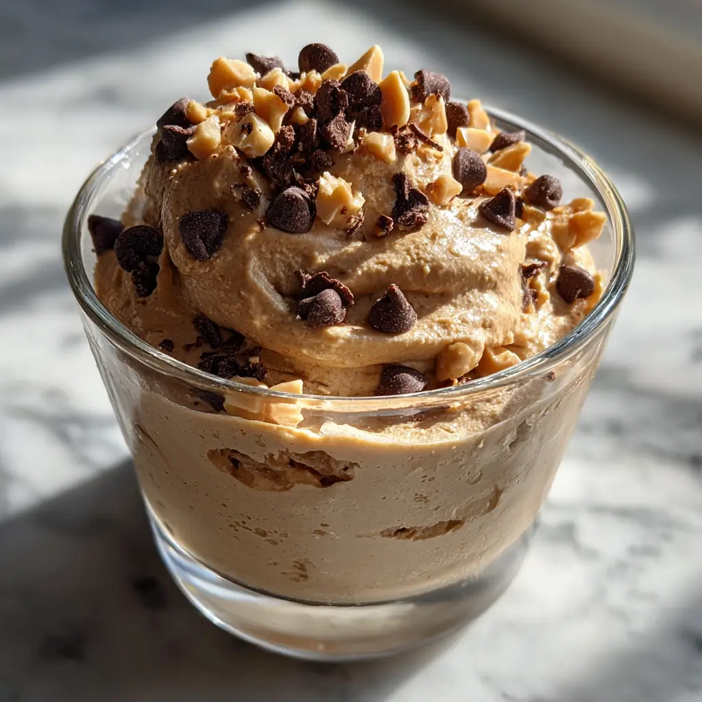 Creamy chocolate peanut butter protein yogurt mousse topped with dark chocolate chips and chopped peanuts in a glass cup