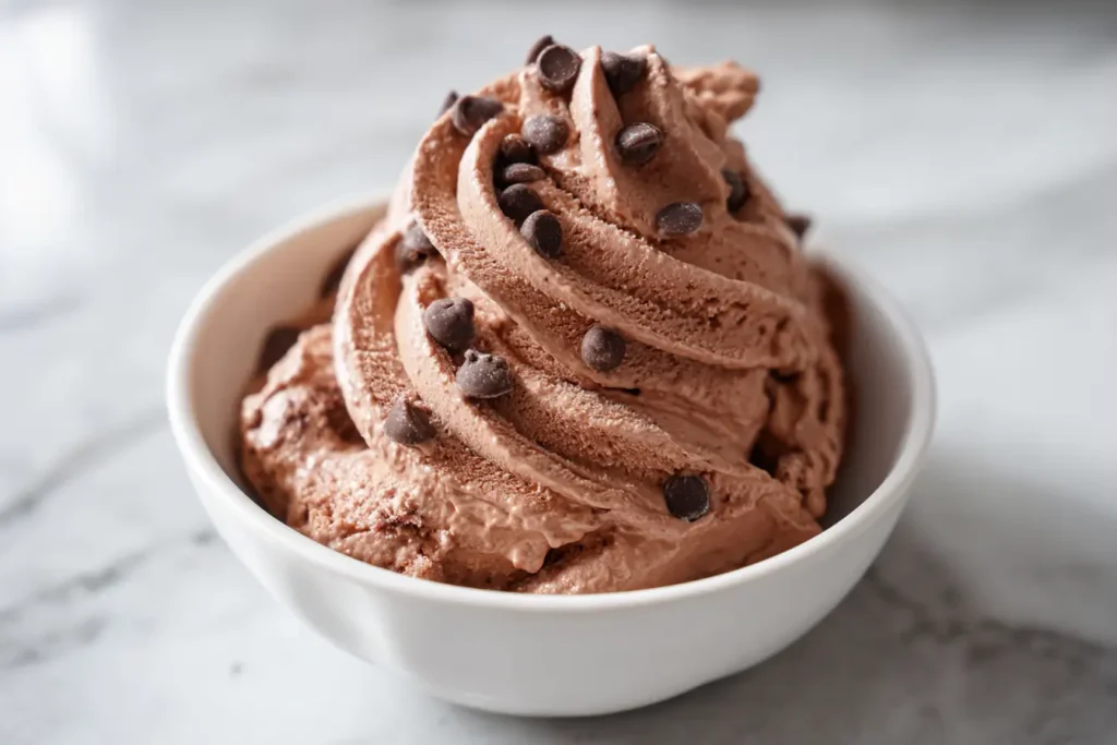 chocolate high protein ice cream with chocolate chips in white bowl