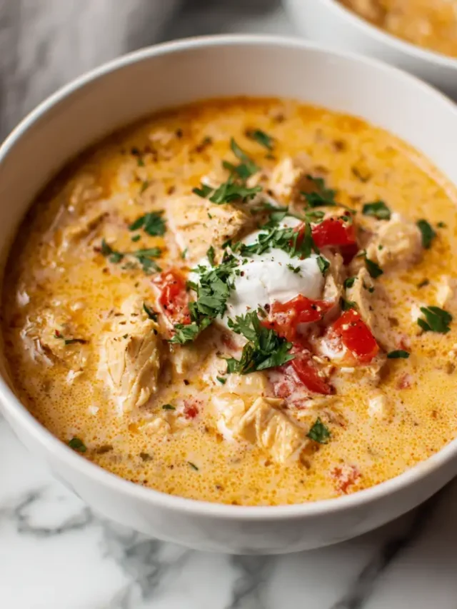 Creamy homemade cream cheese chicken chili in a white bowl, topped with melted cheese and fresh cilantro.