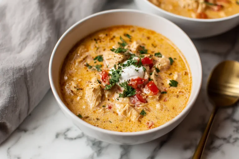Creamy homemade cream cheese chicken chili in a white bowl, topped with melted cheese and fresh cilantro.