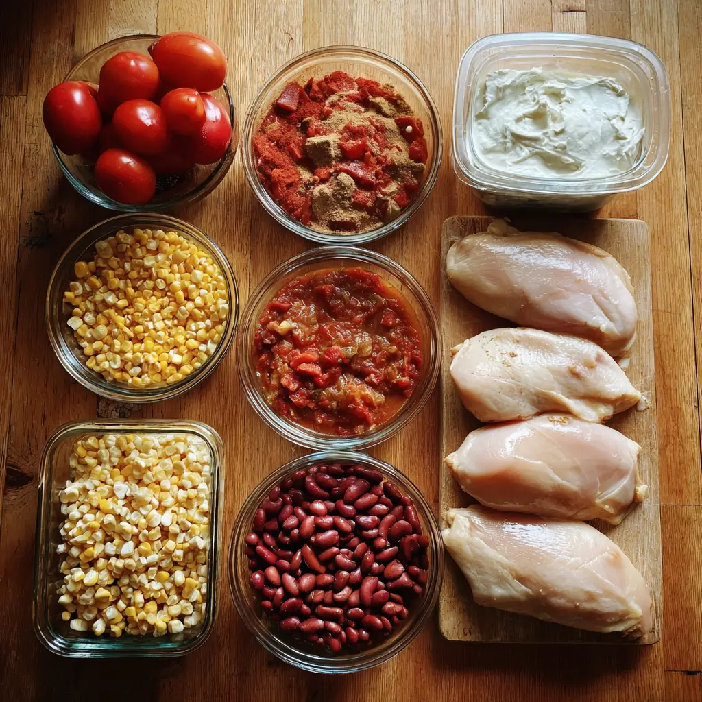 Ingredients for cream cheese chicken chili laid out on a kitchen counter