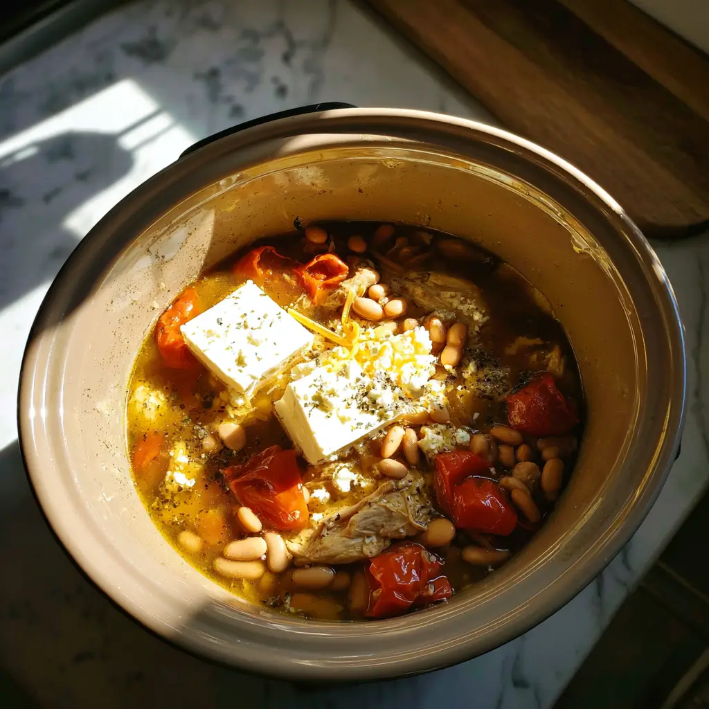 Cream cheese chicken chili cooking in a slow cooker