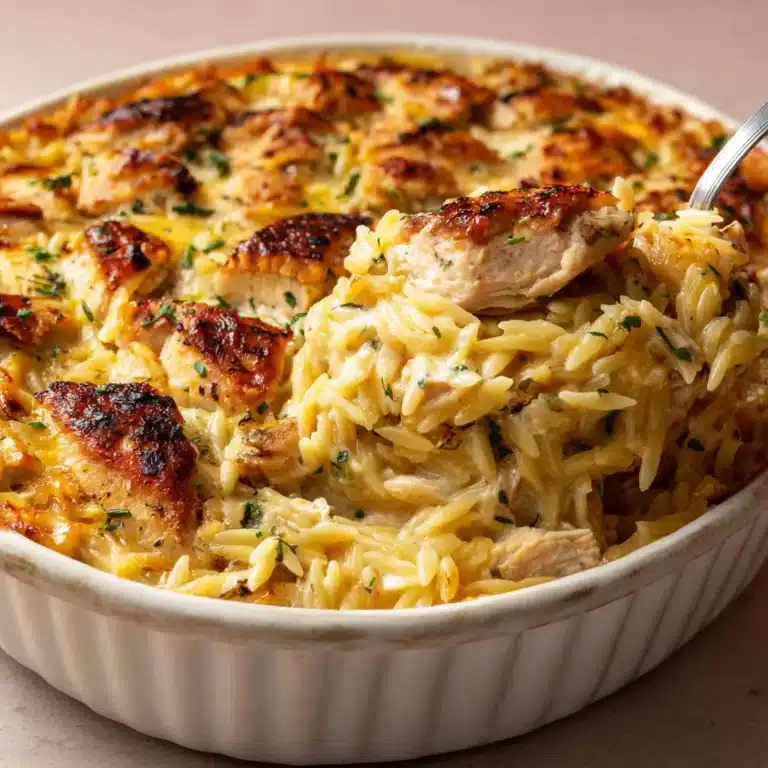 A close-up of a creamy chicken orzo bake casserole with golden-brown chicken pieces and fresh parsley, being served with a spoon.