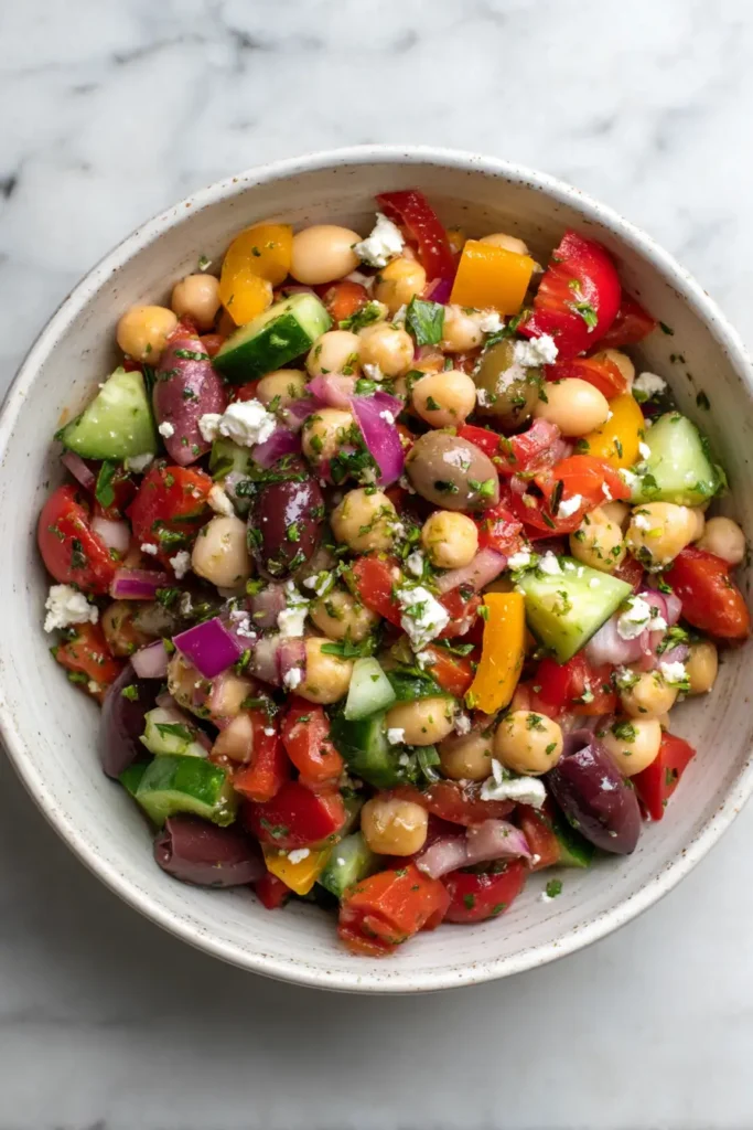 Finished dense bean salad with chickpeas, olives, cucumber, bell peppers, and herbs in a white bowl