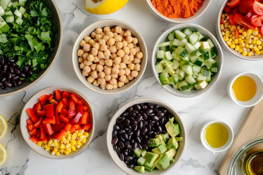 Overhead view of dense bean salad ingredients including chickpeas, black beans, avocado, and colorful vegetables