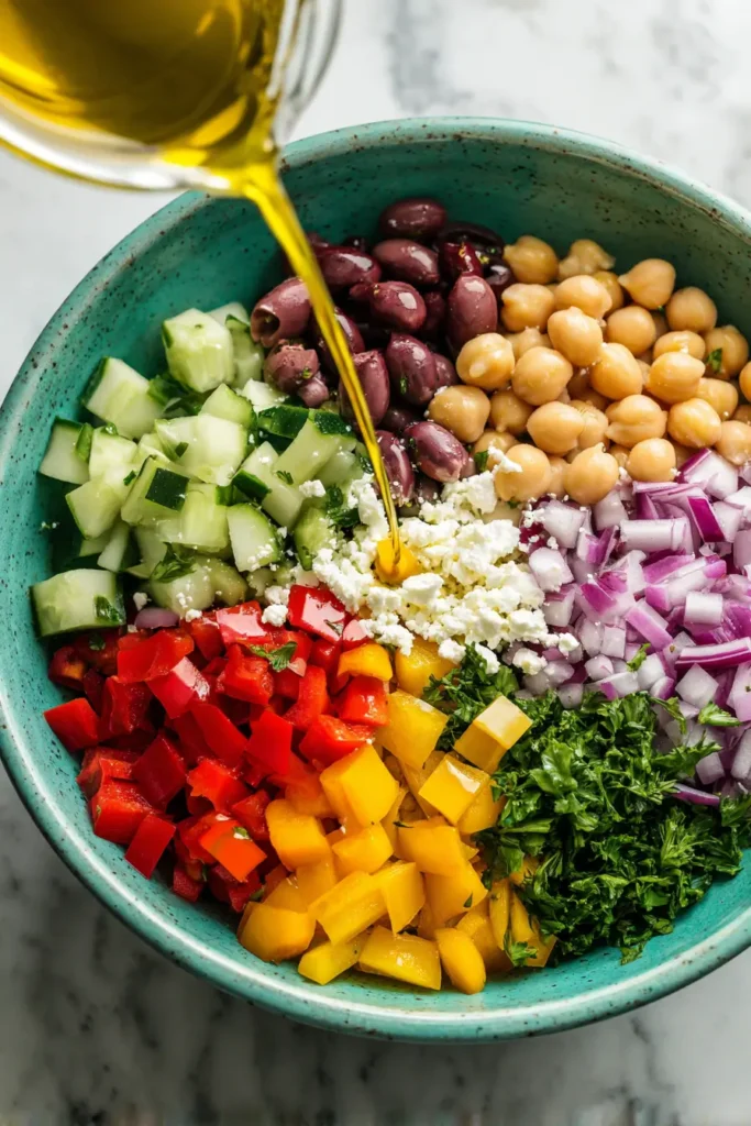 Mediterranean-style dense bean salad with chickpeas, cucumber, olives, and feta in a teal bowl