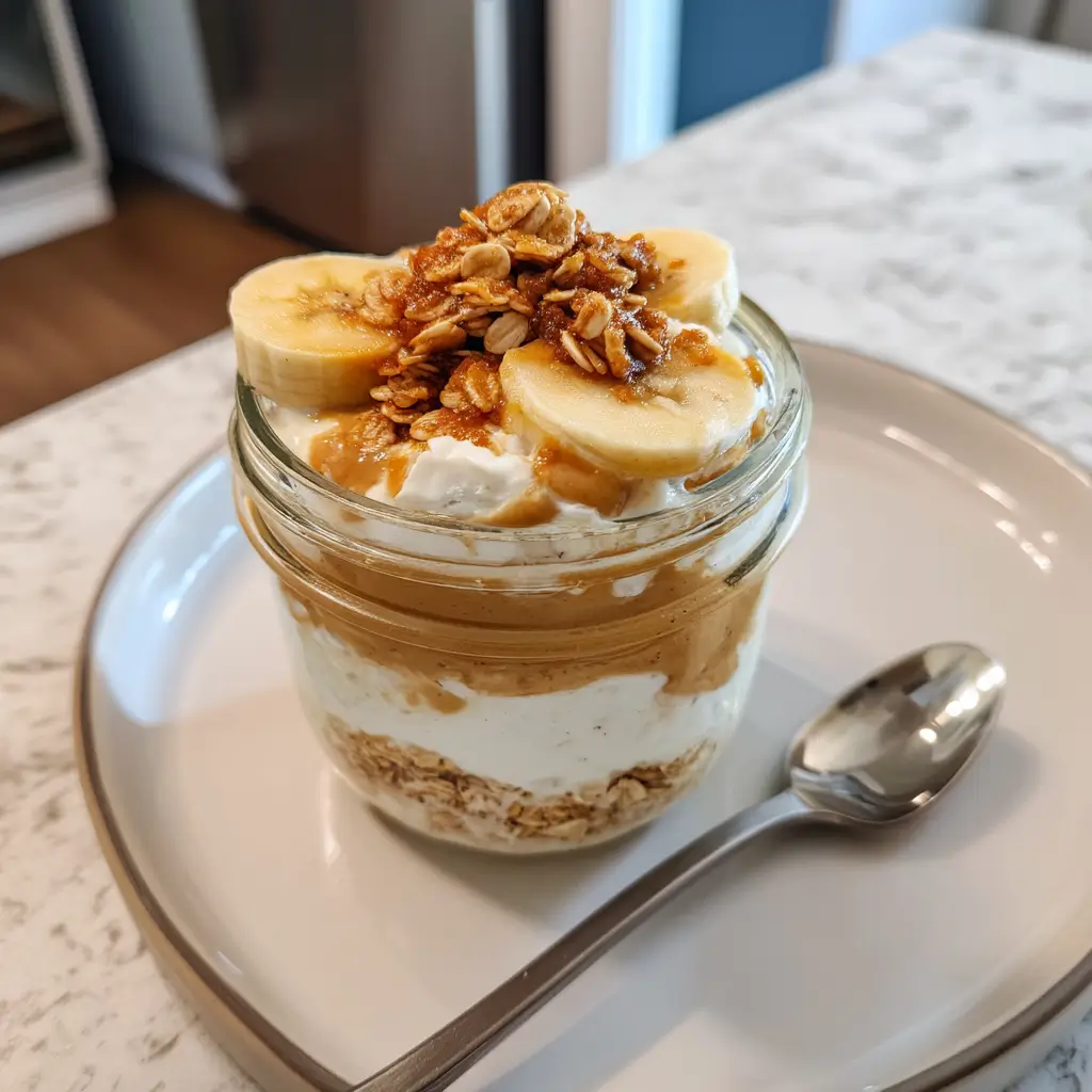 easy high protein yogurt meal prep with banana, granola, and peanut butter