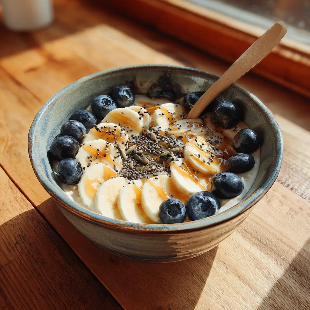 High protein yogurt bowl with banana and berries