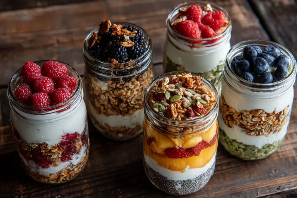 Five mason jars filled with layered high protein yogurt parfaits topped with raspberries, blackberries, blueberries, and granola on a rustic wood table.