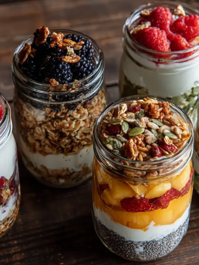 Five mason jars filled with layered high protein yogurt parfaits topped with raspberries, blackberries, blueberries, and granola on a rustic wood table.