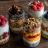 Five mason jars filled with layered high protein yogurt parfaits topped with raspberries, blackberries, blueberries, and granola on a rustic wood table.