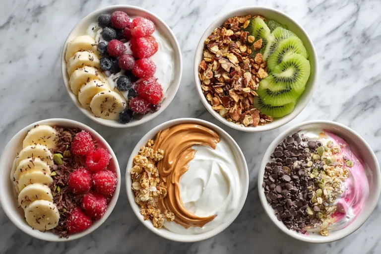Five colorful high protein yogurt bowls with a variety of fresh toppings