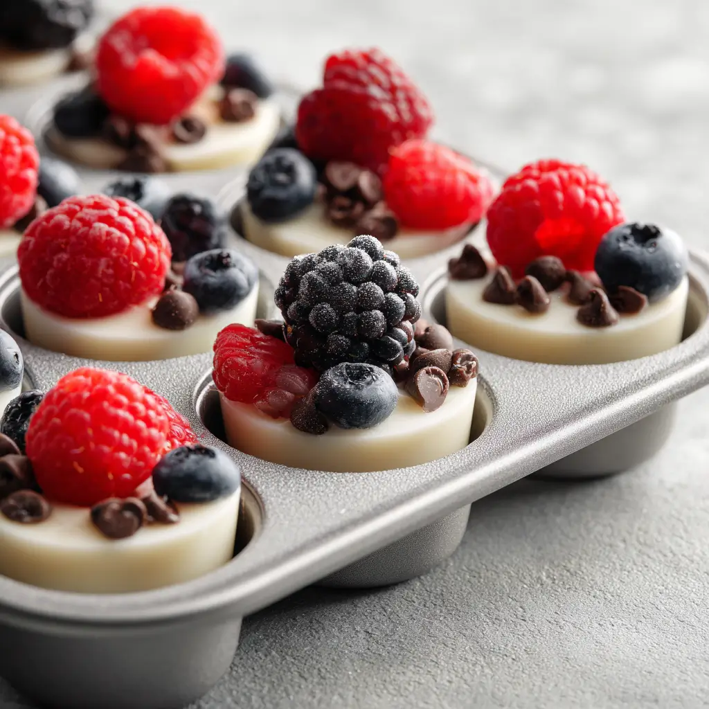 Frozen yogurt protein bites topped with raspberries, blueberries, blackberries, and mini chocolate chips in a muffin tin