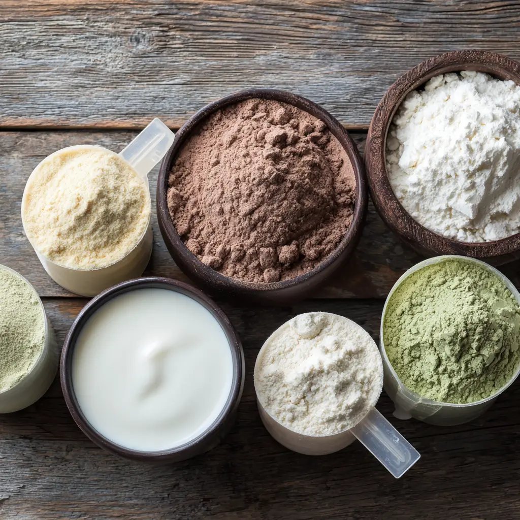 Greek yogurt and assorted protein powders including chocolate, vanilla, green, and unflavored