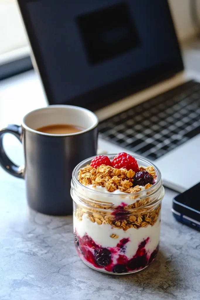 Greek yogurt parfait for Mediterranean snacks on the go at a work desk