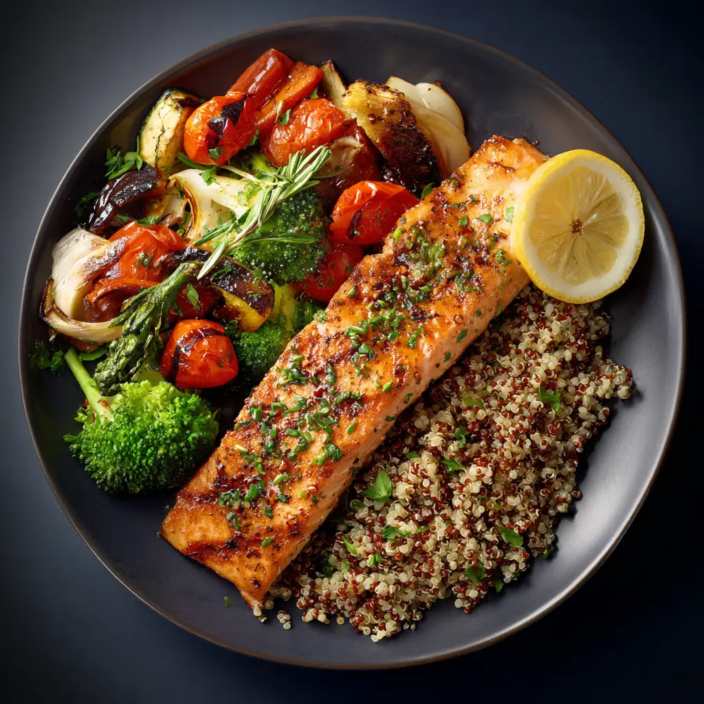 Grilled salmon fillet served with quinoa and roasted vegetables including broccoli, zucchini, and cherry tomatoes