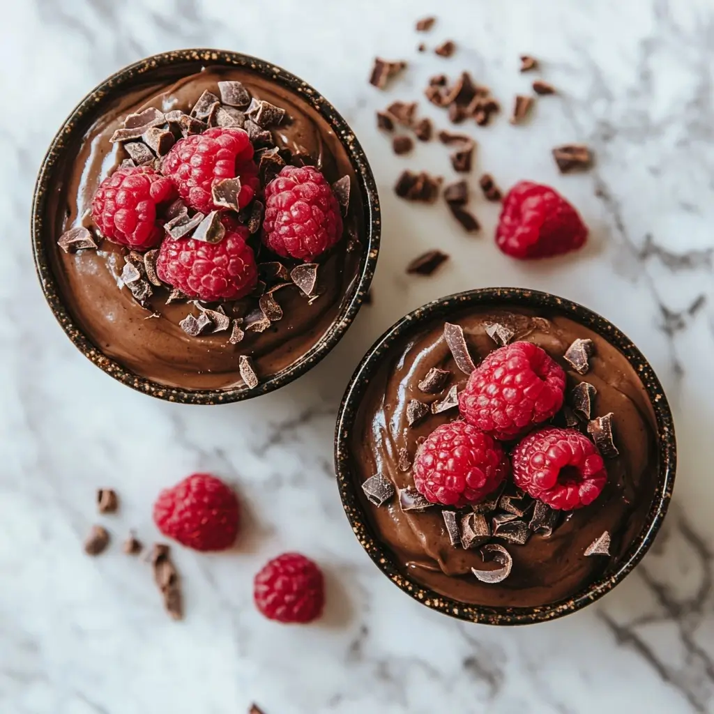 Two healthy dark chocolate avocado mousse cups garnished with raspberries and cacao nibs, an attractive sweet treat option.