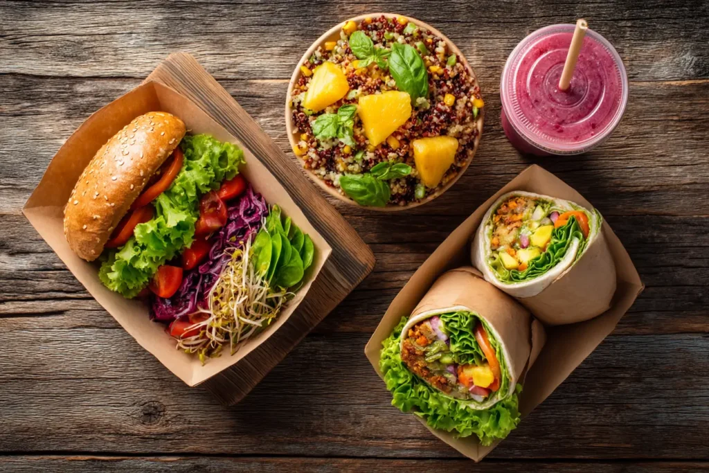 healthy fast food meal ideas with quinoa bowl, veggie wrap, smoothie, and sandwich