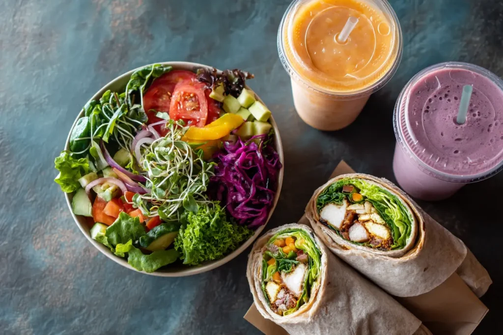 Overhead view of a colorful healthy fast food meal featuring a fresh vegetable salad, grilled chicken wraps, and fruit smoothies on a rustic table