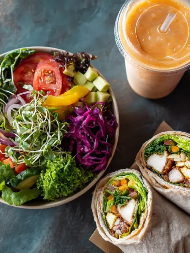 Overhead view of a colorful healthy fast food meal featuring a fresh vegetable salad, grilled chicken wraps, and fruit smoothies on a rustic table