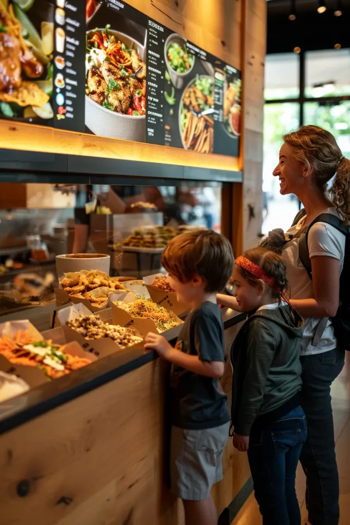 Mom and kids choosing healthy fast food at a modern restaurant