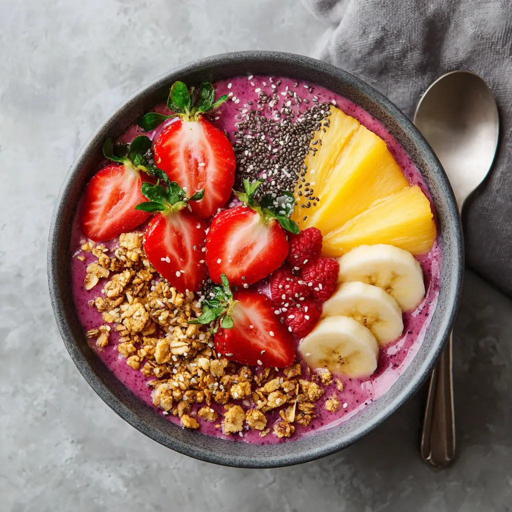 Colorful smoothie bowl topped with strawberries, banana, pineapple, raspberries, chia seeds, and granola – healthy breakfast option
