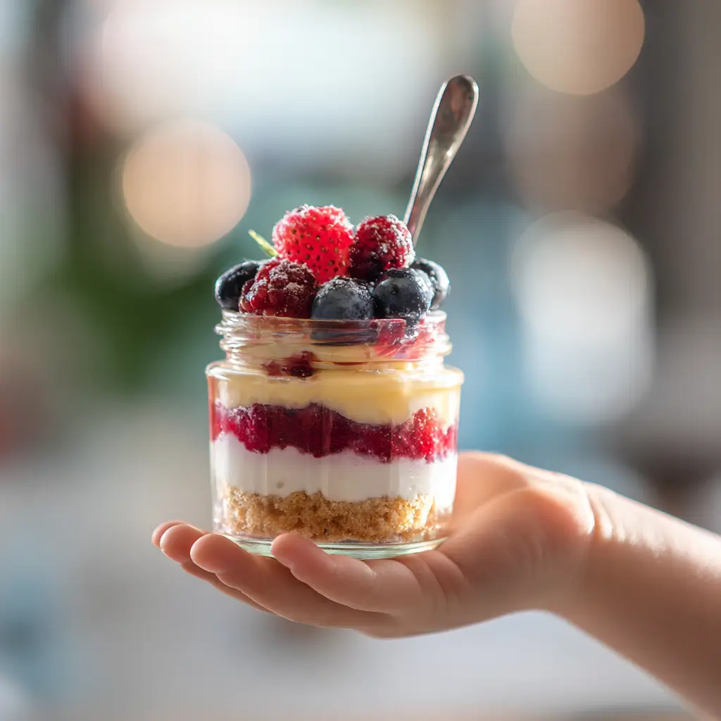 A child's hand holding a clear glass jar with colorful layers of healthy dessert, including granola, creamy white layers, fruit puree, and fresh berries on top with a spoon.