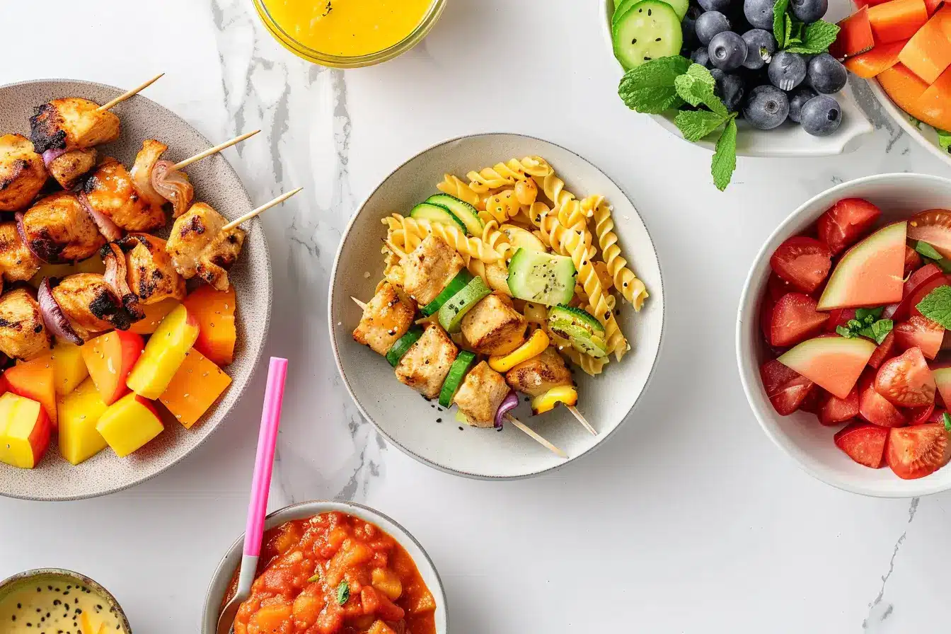 Overhead view of colorful, healthy and kid-friendly meal components for picky eaters, including chicken skewers, hidden veggie pasta, and a smoothie, on a marble counter.